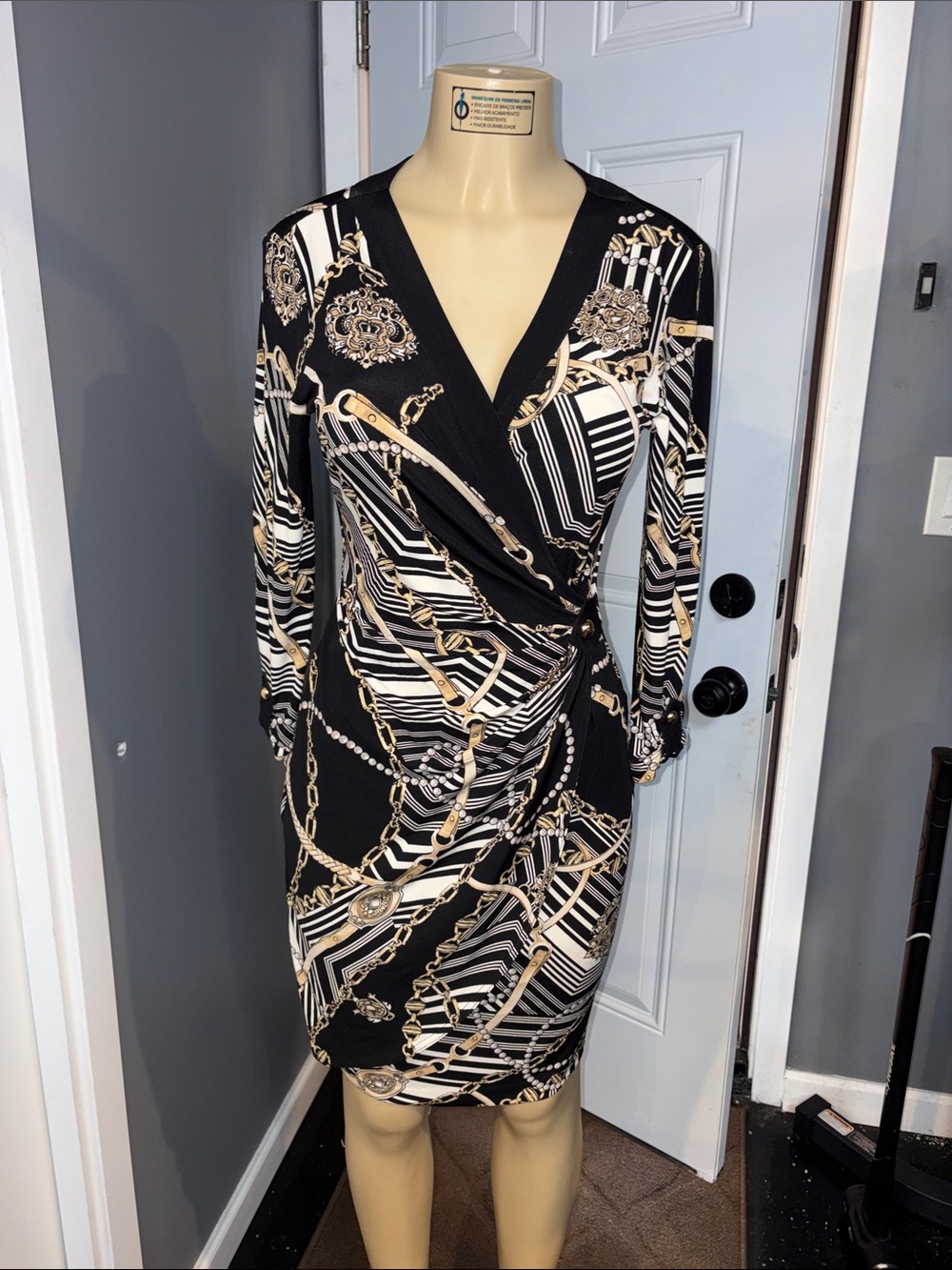 Cache Black, White & Gold Chain-Print Long Sleeve Wrap Dress